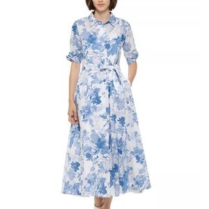 Blue Floral Shirt Dress with Tie Waist